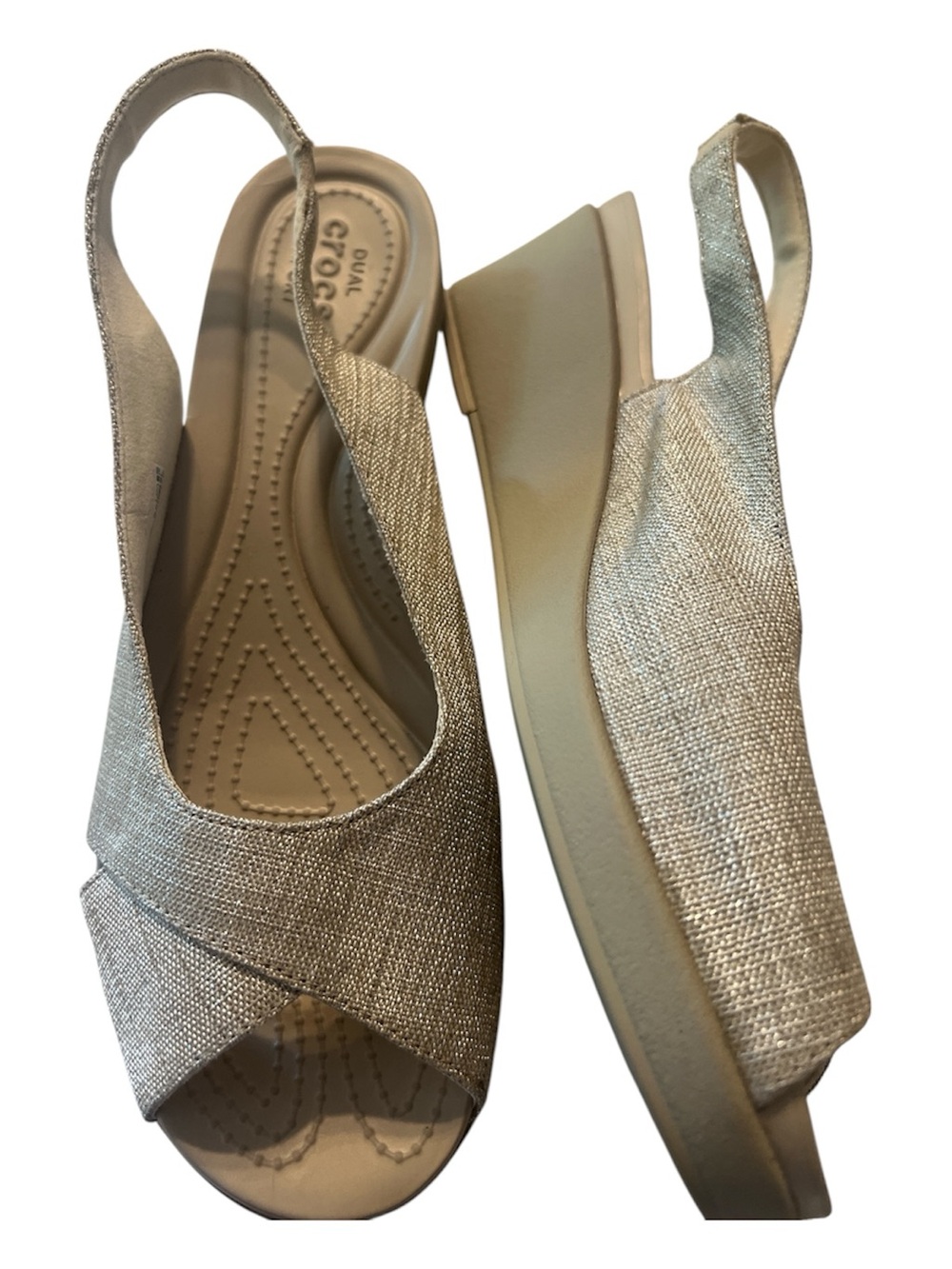 CROCS Leigh Ann Metallic fabric Gold Slingback Wedge Sandals